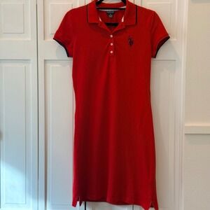 US Polo Assn Women M Red Short Sleeve‎ Polo Shirt Dress Navy Trim Preppy Classic